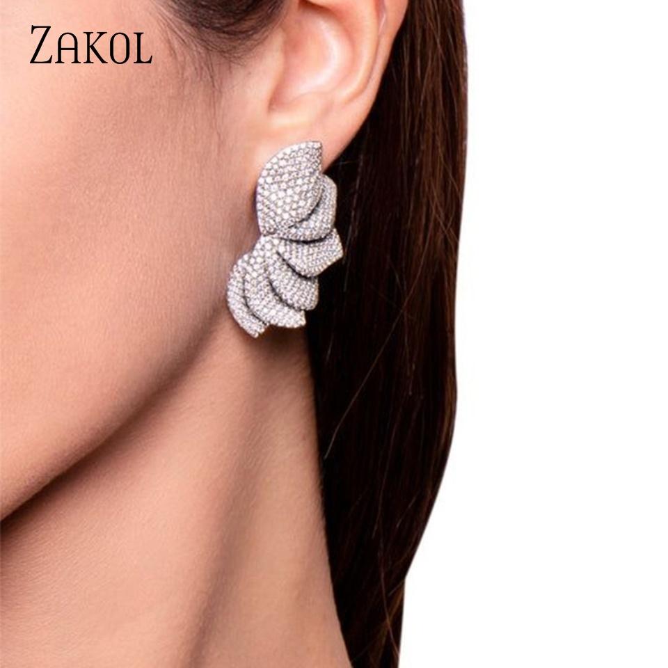 ZAKOL Luxury Elegant Folding Petal Micro-inlaid CZ Zircon Women's Stud Earrings Exquisite Versatile Banquet Jewelry Gifts