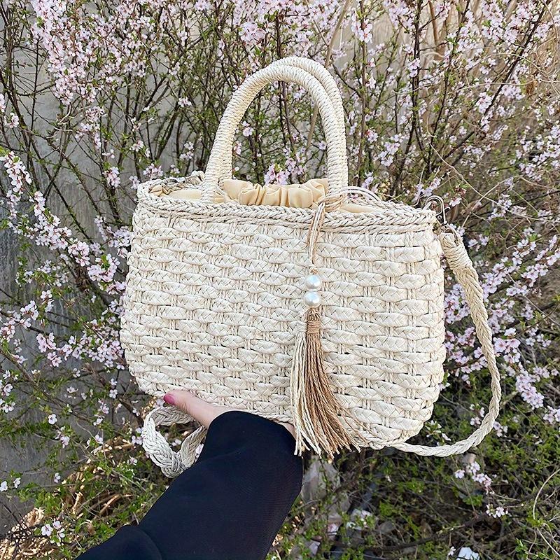 Women's Large Capacity Straw-Style Woven Beach Tote Bag Adjustable Crossbody/Handheld Strap with Tassel & Accents, Drawstring Closure