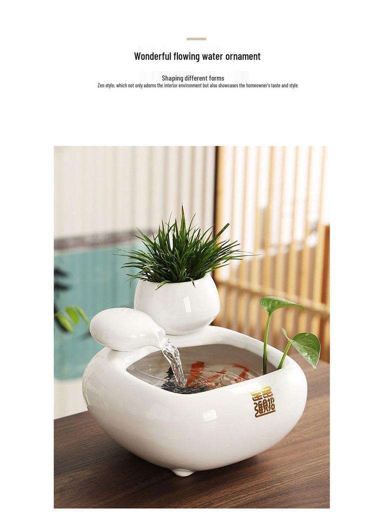 Ceramic Desktop Fish Tank with Automatic Water Circulator and Lucky Cat Ornament