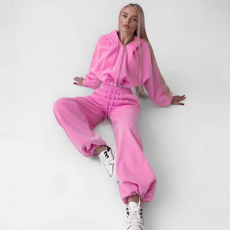 Sports Style Casual Women Hooded Waist Short Top Drawstring Trousers Two-piece Set