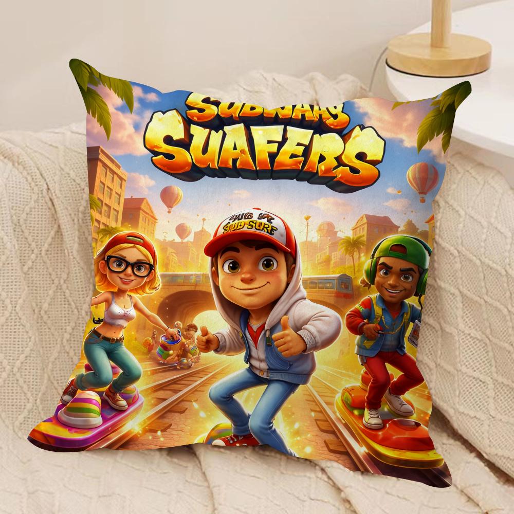 S-Subway Surfer Game Cushion Cover Silky Short Plush Invisible Zipper Dustproof Sofa Pillow Case For Home Decor