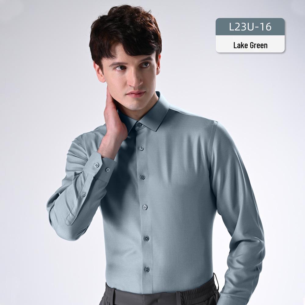 Men's Slim Fit Long Sleeve Modal Tencel Wool Shirt - Iron-Free, Machine Washable, Solid Color, Business Attire.