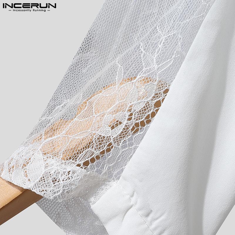 INCERUN Men Lapel Long Sleeve Lace Crochet Patchwork Party Blazer Coats