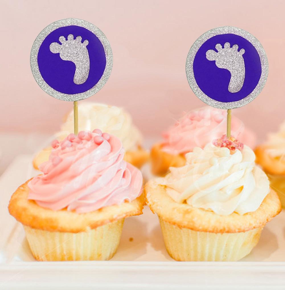 Darling Souvenir| Glitter Baby Foot Baby Shower Cupcake Toppers| Dessert Decorations - Pack Of