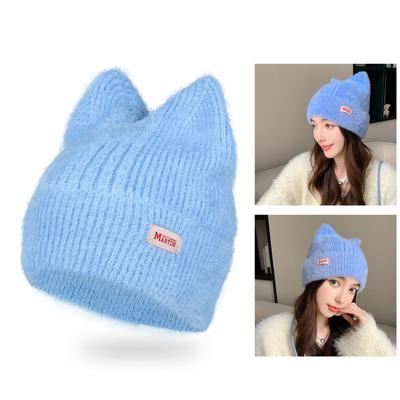 Winter Warm Knit Hat with Cat Ear Soft Breathable Crochet Beanie Cap Women Sweet Headdress Outdoor Activity Bonnet Cap