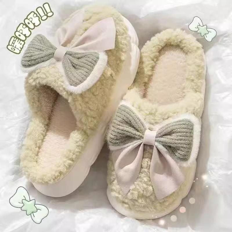 Bow cotton slippers women's winter new indoor home thick bottom non-slip warm fluffy slippers women