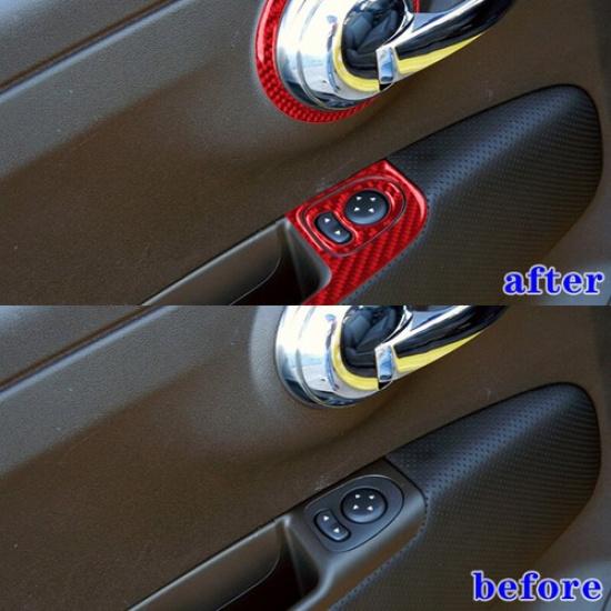 Red Carbon Fiber Car Inner Door Switch Frame + Handle Sticker For Fiat 500 12-15