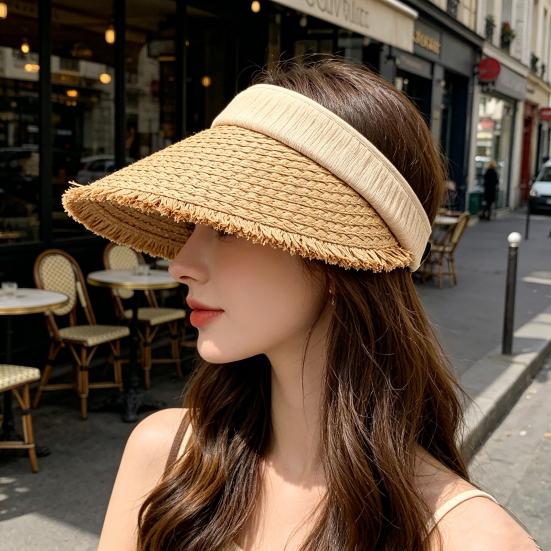 Hollow Top Sun Hat, Foldable Braided Straw Hat with UV Protection, Breathable Design Wide Brim Hat for Summer Travel Outdoor Activities