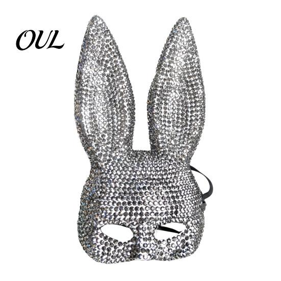 Festival Performance Props Disco Mirror Rhinestone Rabbit Mask, Sparkly Glitter Bunny Face Mask Cute Cosplay Ears for Halloween Party, Shiny