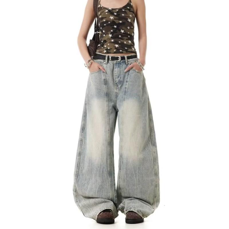 Retro Washed Deconstructed Denim Pants Unisex Wide Leg Relaxed Fit Straight Cut