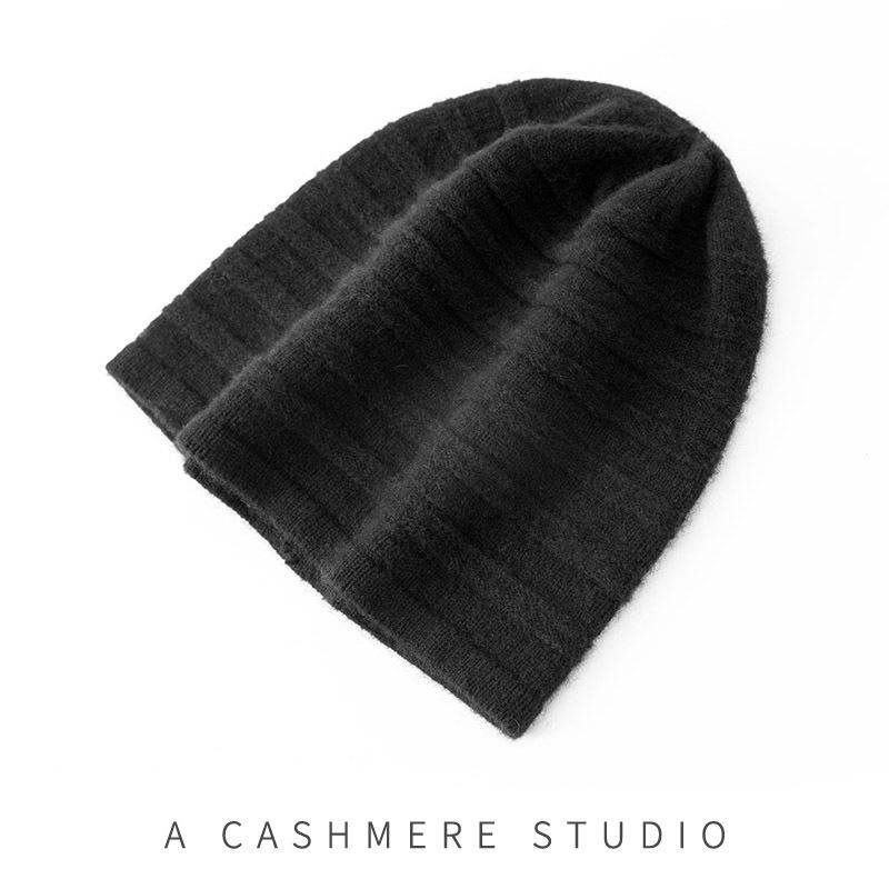 New Style Women's High End Solid Color Striped Thickened and Warm Fashionable Knitted Casual Toe Cap Hat