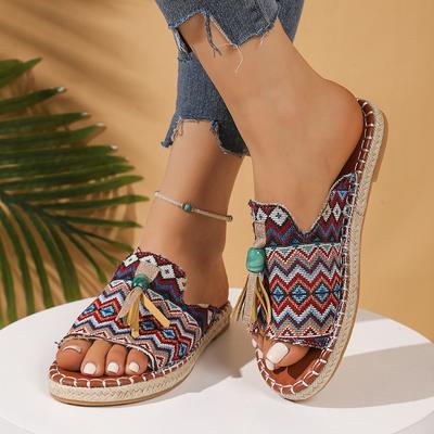 Fashion 2025 Bohemian Flat Bottom Slippers Women's Outdoor Summer New Tassel Beach Sandals Large Size Cross-Border Slippers for Adults