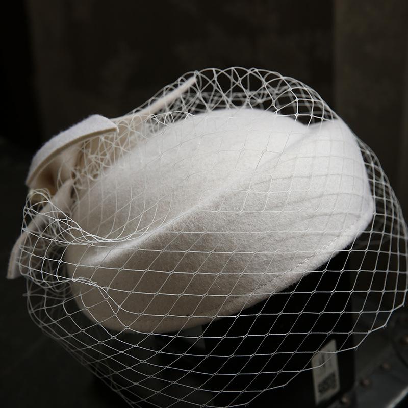 Französische Elegante Britische Vintage Netz-Barett Woll-Zylinderhut Hochzeitskleid Bankett Weiße Brautkopfbedeckung