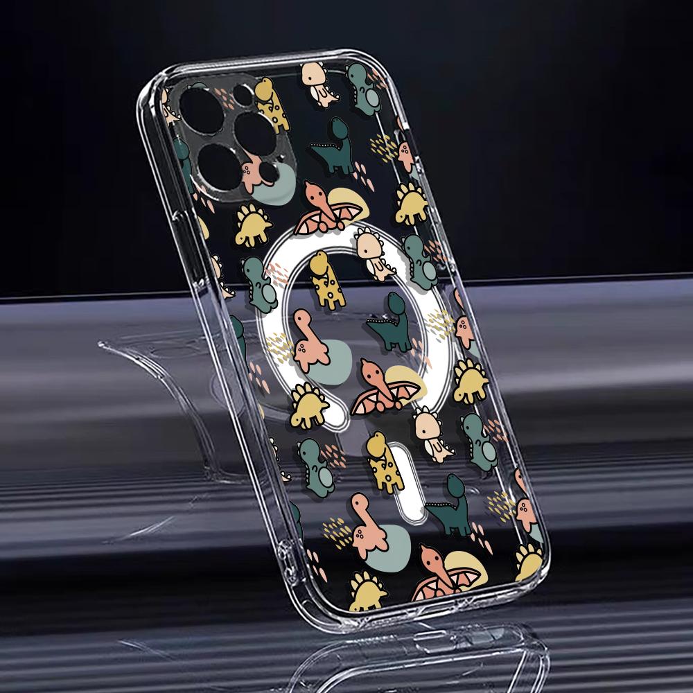 Cartoon Cute Dinosaurs Phone Case For iPhone 17 16 15 14 13 12 Pro Max Plus With Magnetic Crystal Clear Case Wireless Charge