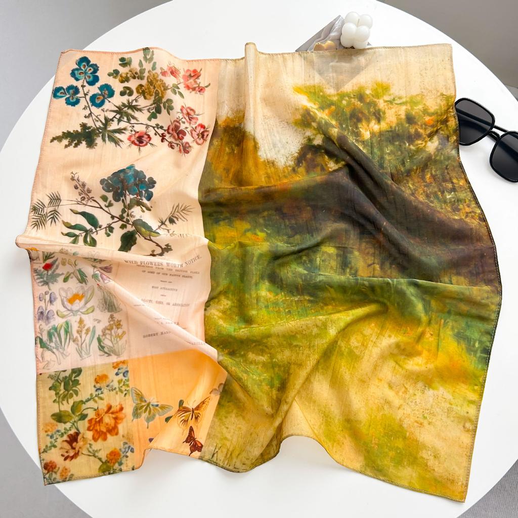 New spring and summer light and breathable 61 * 61cm square scarf versatile printed mulberry silk cotton blended women's silk scarf