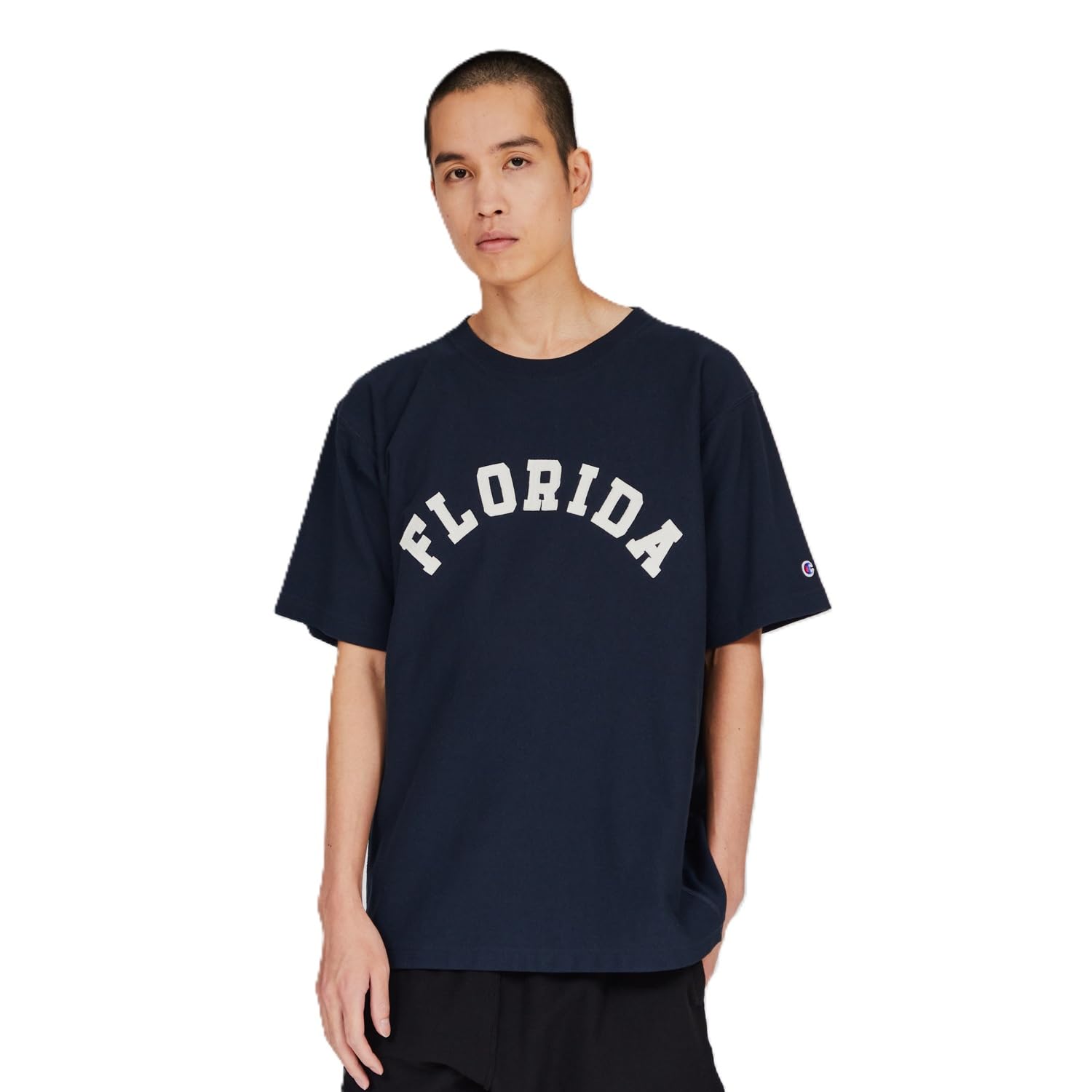 

Champion Modern Футболка с коротким рукавом, короткий круглый вырез, расслабленный графический принт, обратный короткий рукав, темно-синяя, рукава, горловина, 100% хлопок, США, 9,4 унции, посадка, принт, переплетение(р)