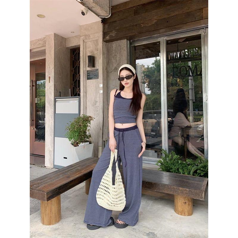 Kumikumi Retro Set Stripe Fake Two Pieces Halter Top Women Summer Drape Drawstring Casual Pants Two-piece Set