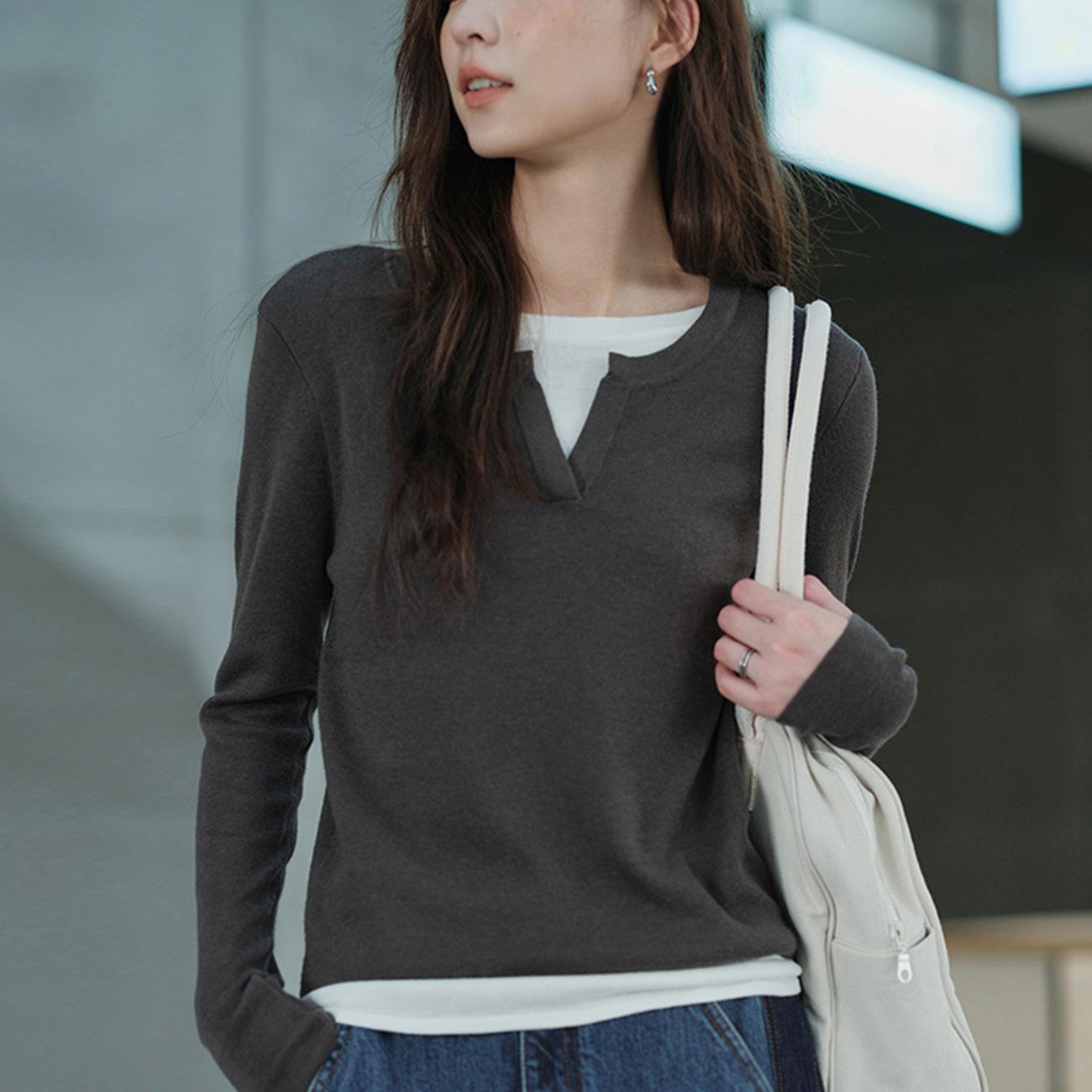 

Смешанный легкий модал хлопок кожа мягкая # цвет поддельные две футболки женская осень зима с длинным рукавом базовая рубашка M