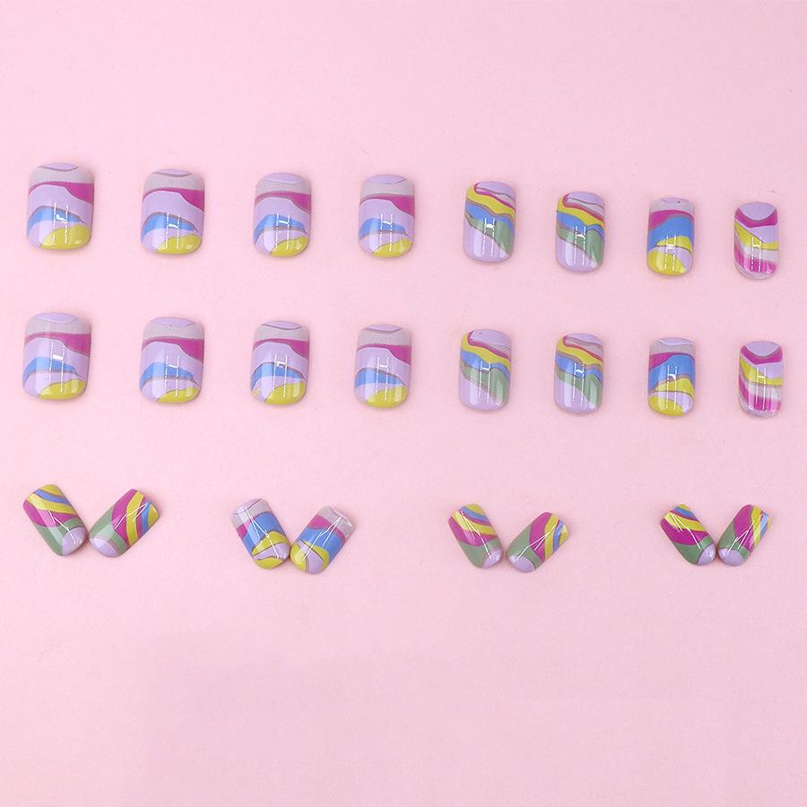 Multi-Color Abstract Striped Square Nails – European & American Style Hand-Painted Fake Nails