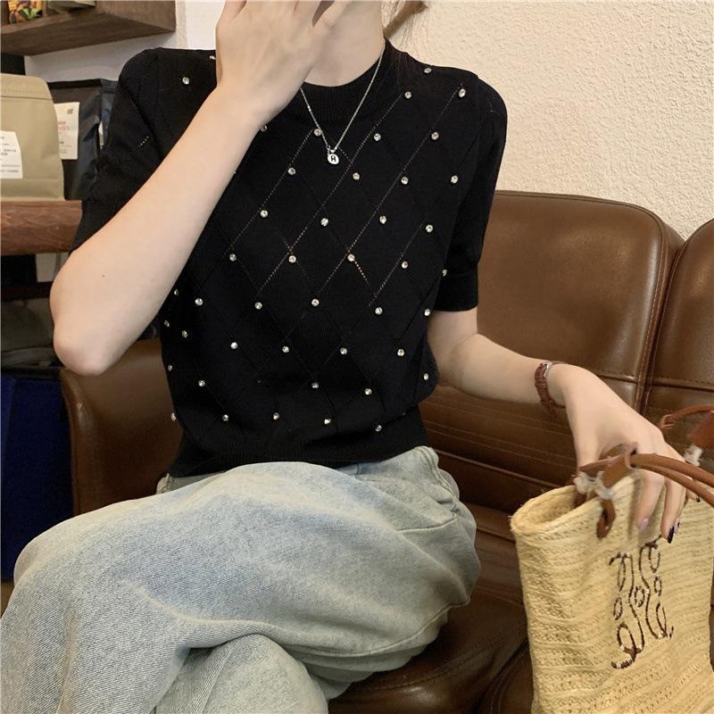Women Diamond Grid Rhinestone Knit T-shirt Crew Neck Short Sleeve Fitted Casual Sweater