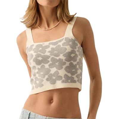 Women's Square Neck Wide Straps Floral Short Vest Sleeveless Flower Decorated Top