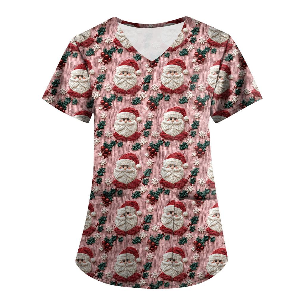 Plus SizePrinted Scrub Working Uniform Tops For Women's Cross V-Neck Print Short Sleeve Fun T-Shirts Workwear Tee With Pockets