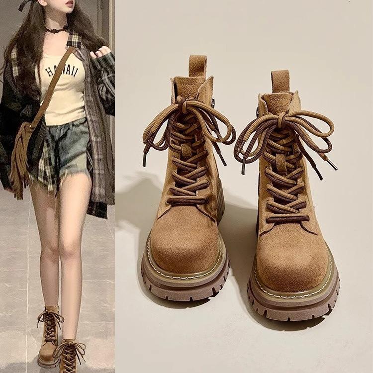 European station Martin boots women's 2025 autumn and winter new leather retro tooling western cowboy boots thick-soled short boots