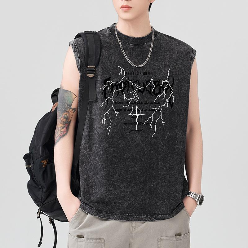 New 230g Heavy Pure Cotton Wash Vest Men's Print Solid Color Wide Shoulder Sleeveless Sports Shoulder