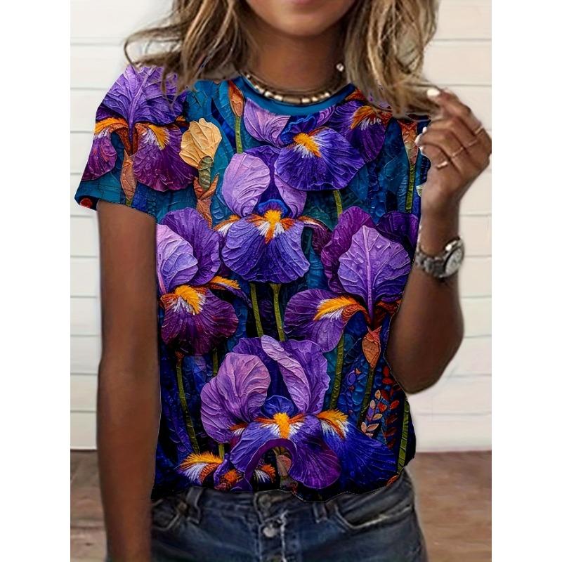 Women's Fashion T Shirt Oil Floral Pattern Fashion Short Sleeve Round Neck Short Sleeve T Shirt Top Casual Short Sleeve T Shirt