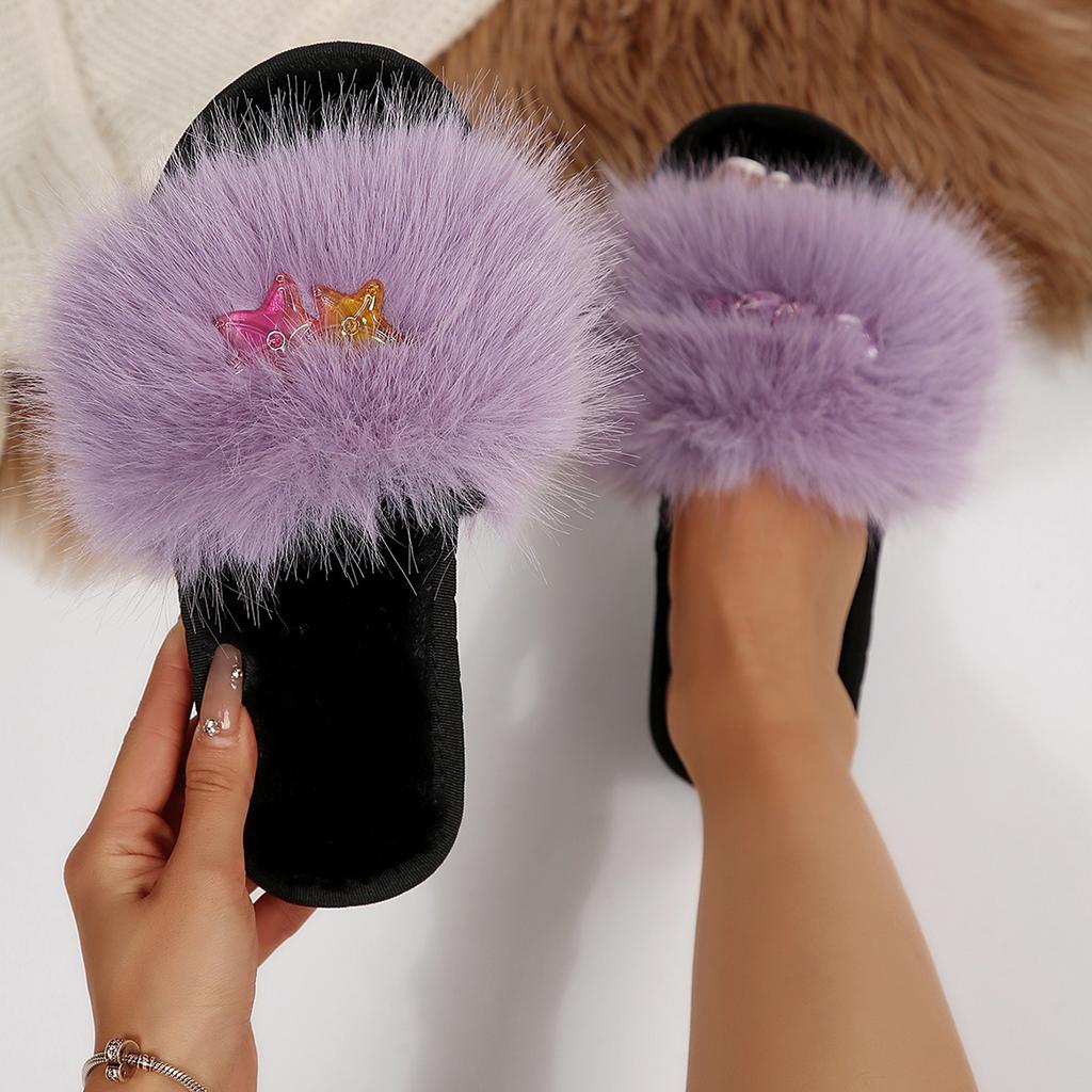 Fashion Luxury Fluffy Fur Women's Home Slippers 2025 Winter Metal Decoration Soft Sole Non Slip Indoor Slippers Furry Slides for Women