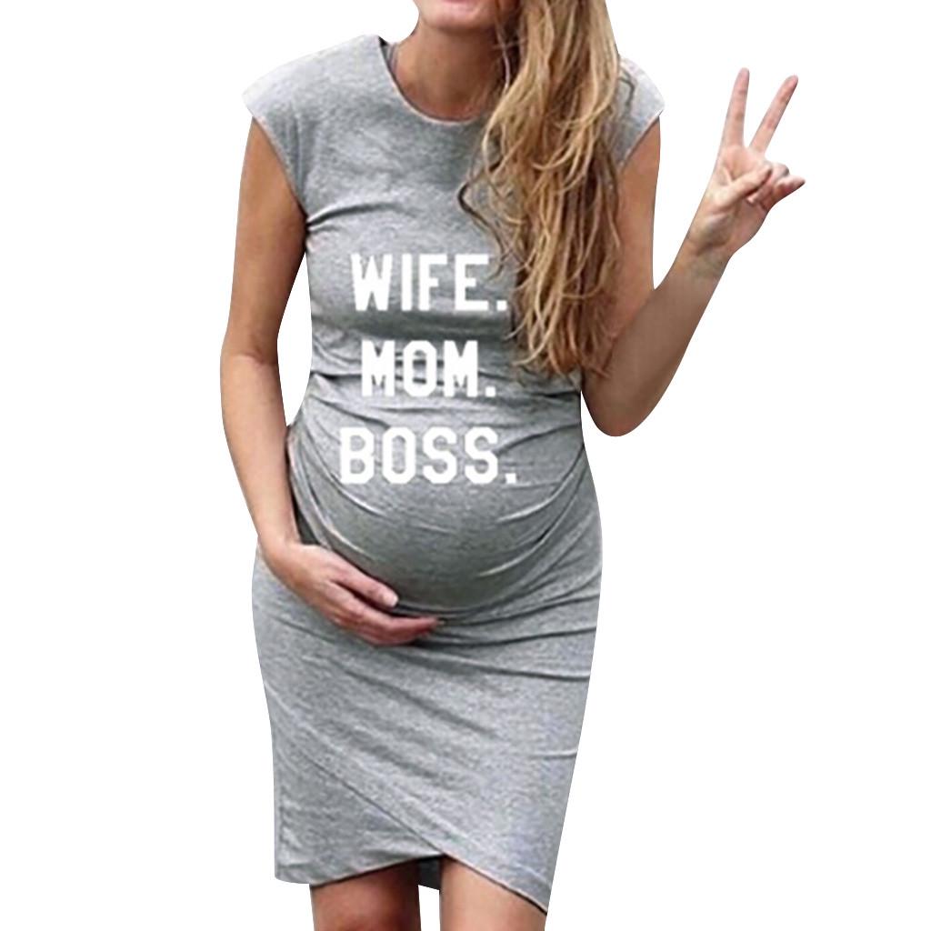 Women Pregnant Short Sleeve Pregnant   Maternity Dress Solid Print Skirt