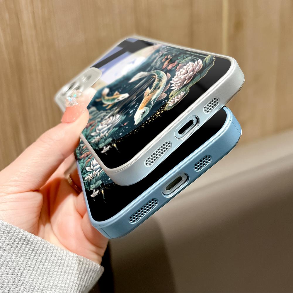 LotusFlower Goldfish Phone Case Metallic Lacquer Tempered Glass Shockproof Cover for Huawei Honor iPhone OPPO Realme OnePlus Xiaomi Redmi Samsung Vivo