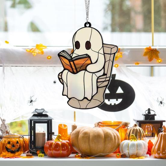 Halloween Cute Ghost Suncatcher Stained Glass Style Acrylic Window Hanging Ghost Light Catcher for Window Wall Decor