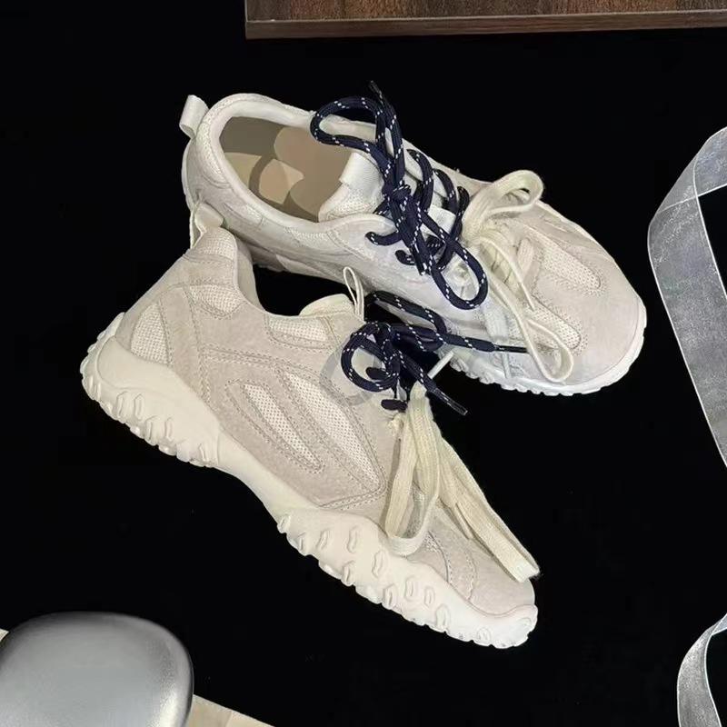 Outdoor Walking Jogging Athletic Running Shoes Strapped Casual Shoes Women Sneakers Vintage Leather Knitted Fabric Trainers
