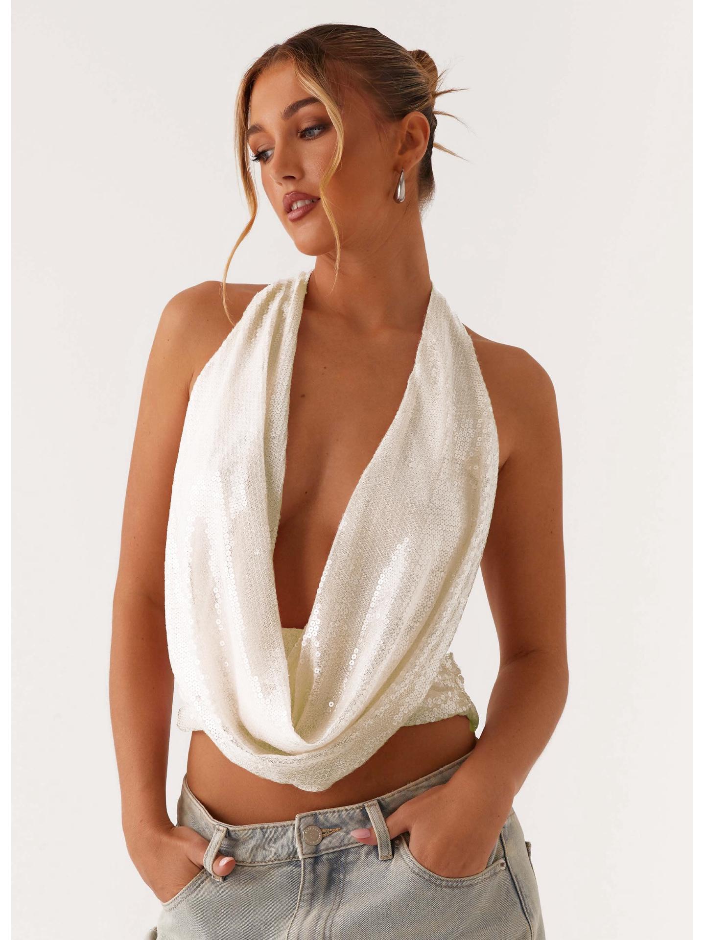 Sequin Halter Backless Tie-Up Sexy Camisole Vest - Women s Summer Fashion Large белый