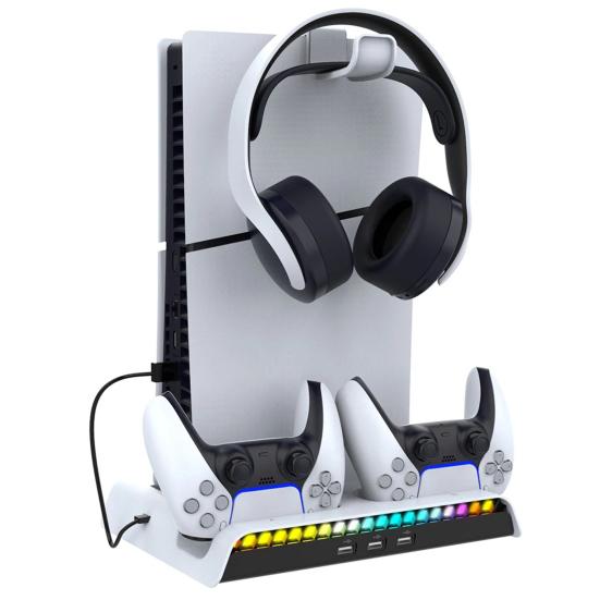 Chladicí stanice Dual Controller Nabíjecí stanice 3 úrovně Chladicí ventilátor RGB Light 3 porty USB 2.0 s držákem sluchátek PS5 Slim