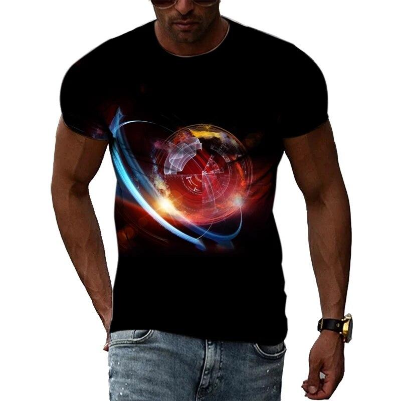 Handsome Men's Technology Element Pattern 3D T-Shirt Hip-Hop Style Casual Round Neck Tops Trendy Street Personality Clothing