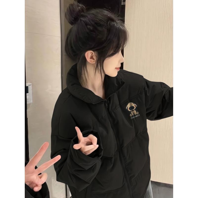 Women's Black Stand Collar Down Cotton Jacket - Autumn/Winter, Small, Loose, Warm, Thickened, Cold Protection Coat for High School Students.