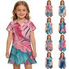 Girls Short Sleeve Polo Dress Hawaiian Style Tropical Leaf Print Casual Dress with Front Pockets Lightweight Comfortable Fabric