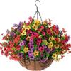 Violet Flowers Iron Frame Hanging Basket for Outdoor Spring/Summer Decor