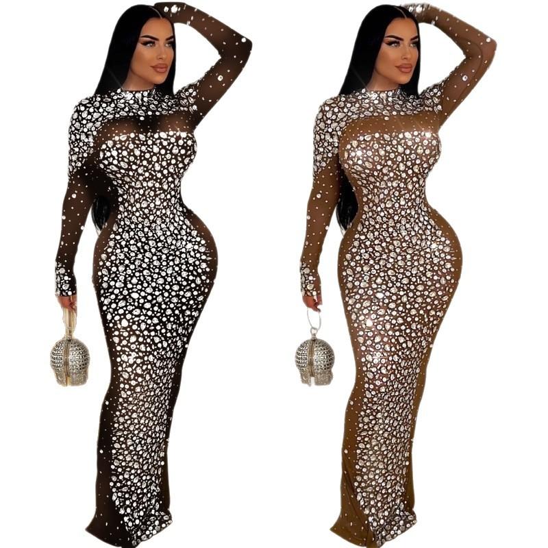 European and American new semi-turtleneck long-sleeved perspective hot diamond sexy slim-fitting hip-wrapped dress women's clothing