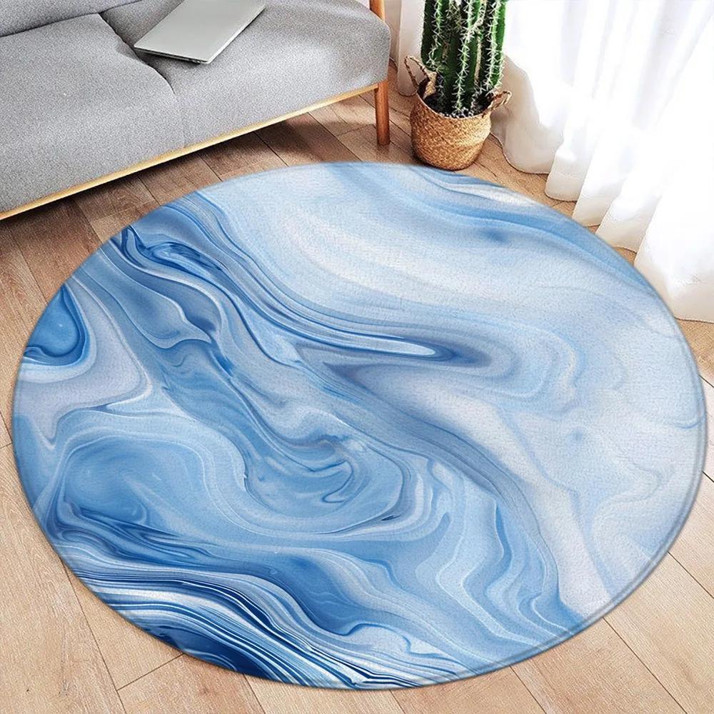 Abstract Marble Round Area Rug – Green Ink & Gold Line Design – Modern Luxury Carpet for Living Room or Bedroom, Soft Floor Mat