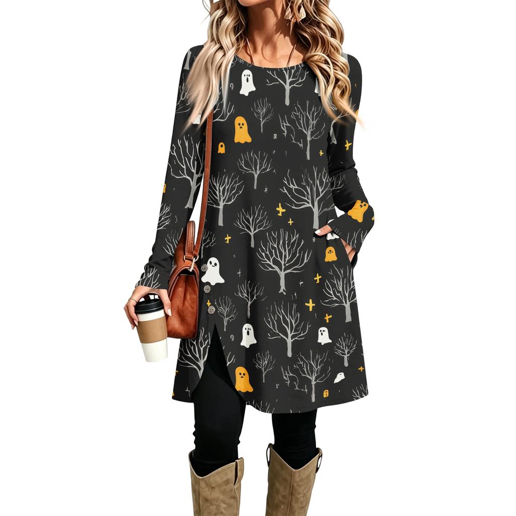 Women's Casual Long Sleeve Printed Round Neck Dress for Everyday Fashion