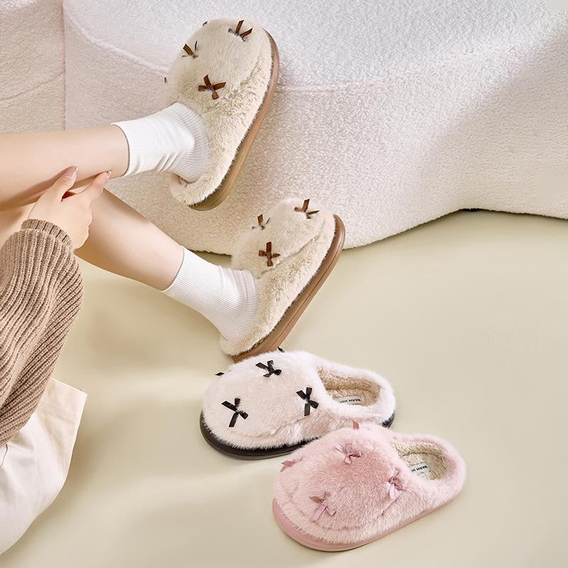 Women Indoor Fluffy Slippers Warm Faux Fur Bow Knot Female Winter Cotton Shoes Soft Plush Girls Home House Floor Slipper