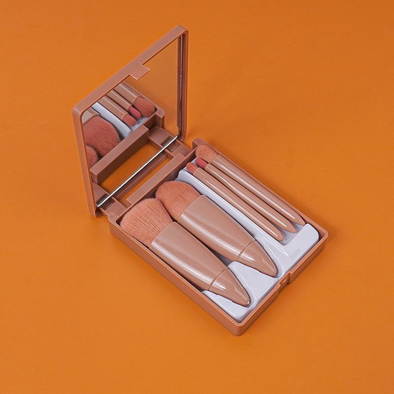 Complete Travel Miniature Makeup Brushes Kit: Professional 5pcs Multipurpose Set with Cosmetic Mirror - Your Portable Beauty Essentials