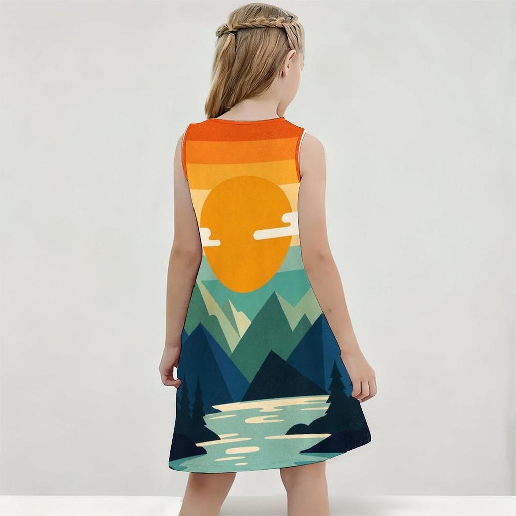 Girls Round Neck Sleeveless A Line Flared Hem Printed Gradient Dress