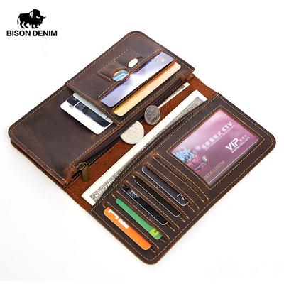 Vintage Men Wallet Long Crazy Horse Genuine Leather Card Holder Purse Brand