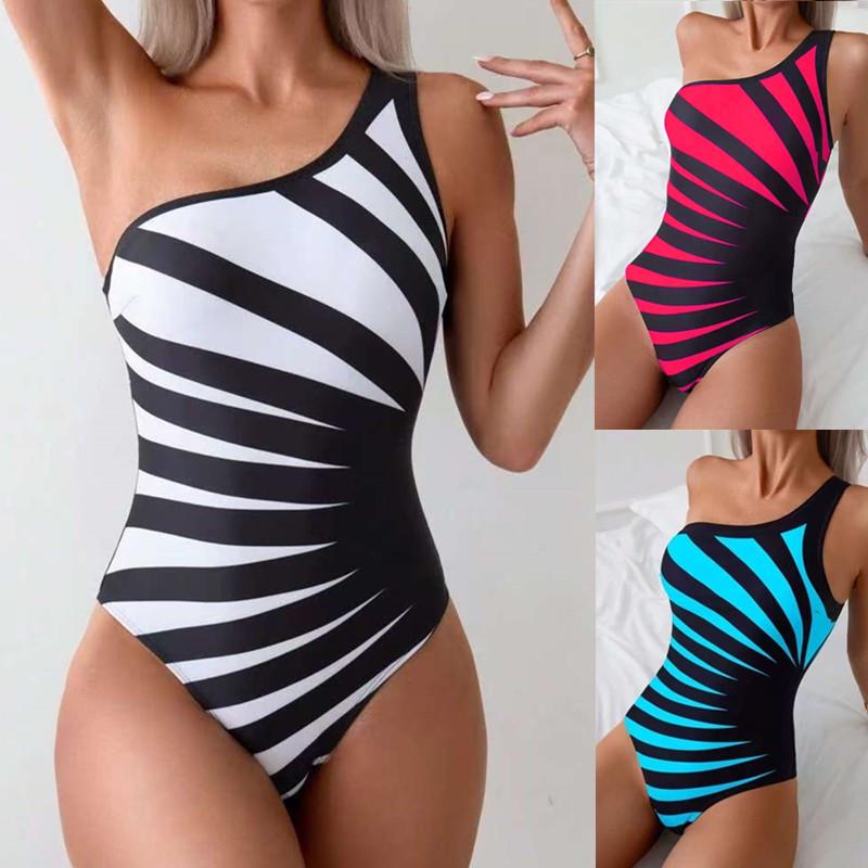 Zebra Print One-Shoulder One-Piece Swimsuit - Slimming Bikini Style