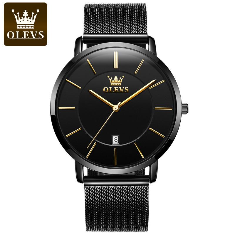 OLEVS Ultra Thin 6.5mm Minimalist Fashion Quartz Watch for Men Mesh Steel Strap Auto Date Waterproof Men Wristwatches