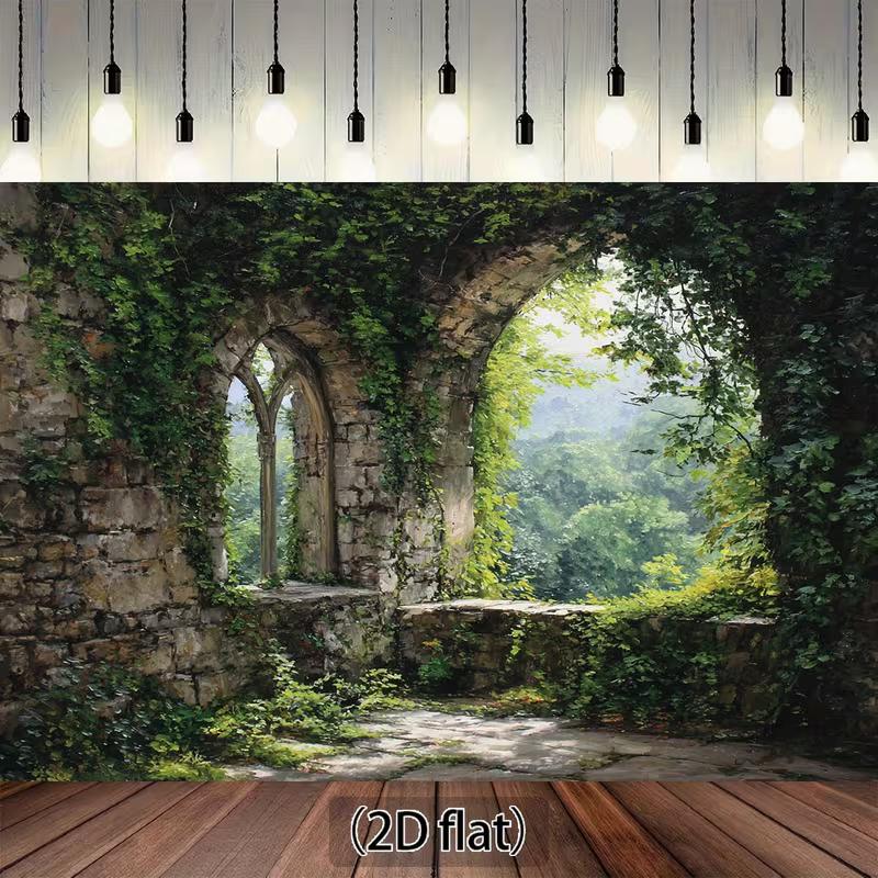 2D Medieval Stone Arch and Overgrown Vines Backdrop Photography Background Banner